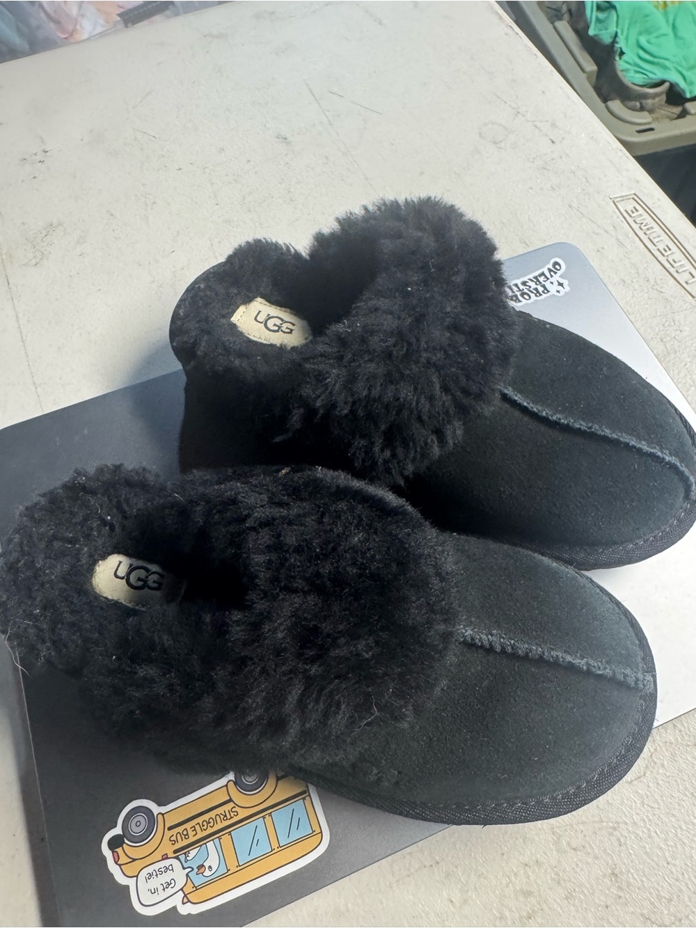 UGG Kids Black Sheepskin Cuff Slip-On Slippers